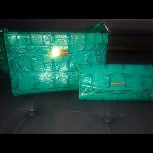 Beautiful gently used Brahmin Orinoco purse in teal green with matching wallet
